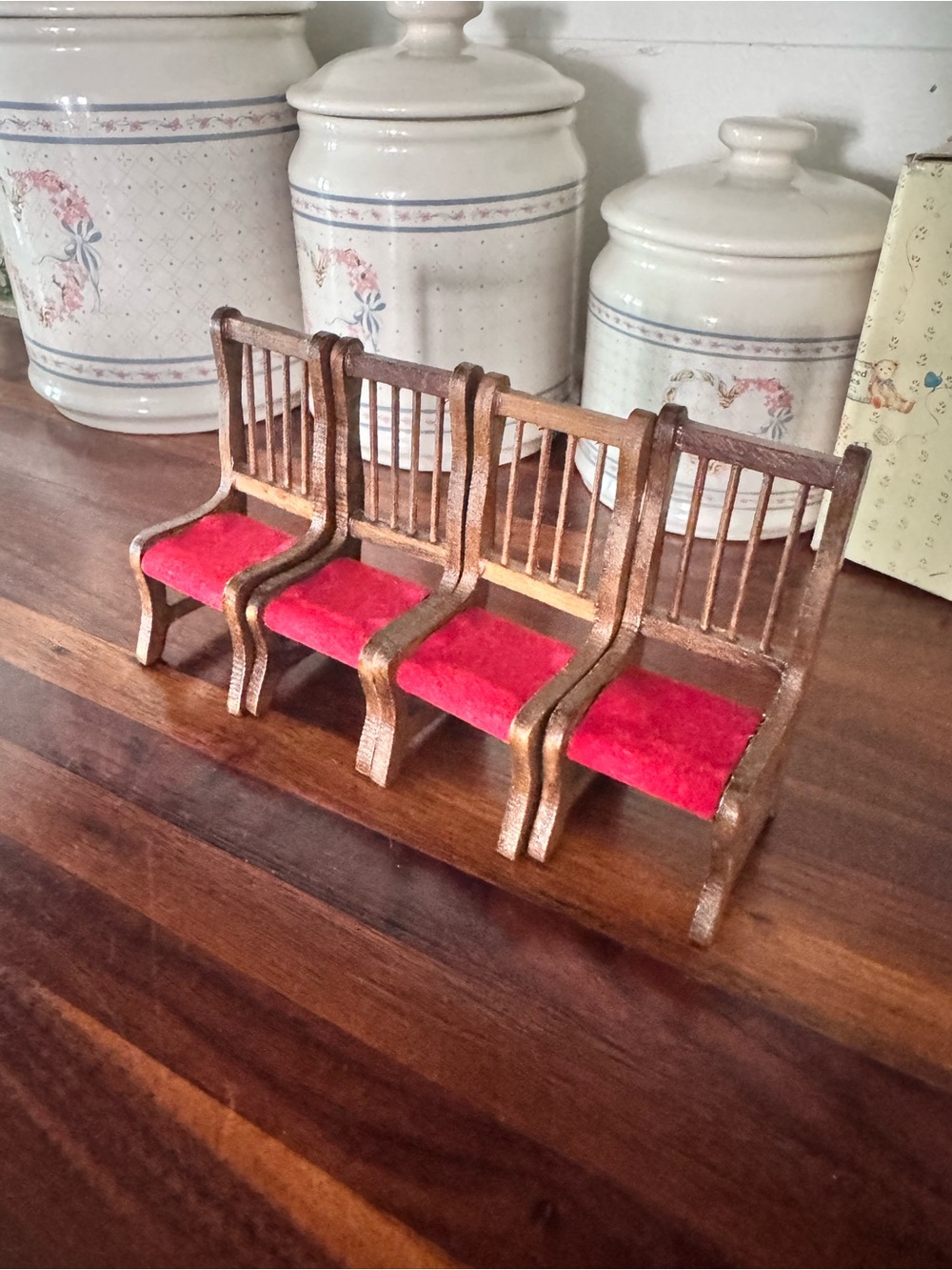 Vintage Miniature Wooden Chairs Set of 4 Red Velvet Dollhouse Furniture